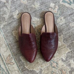 Anthropologie Deep Burgundy Croc-Embossed Pointed Backless Mules